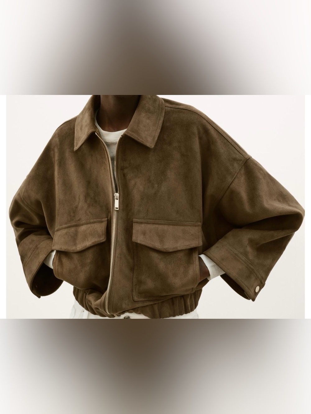 Zara Faux Suede Jacket Size L Dark Khaki - Picture 8 of 8